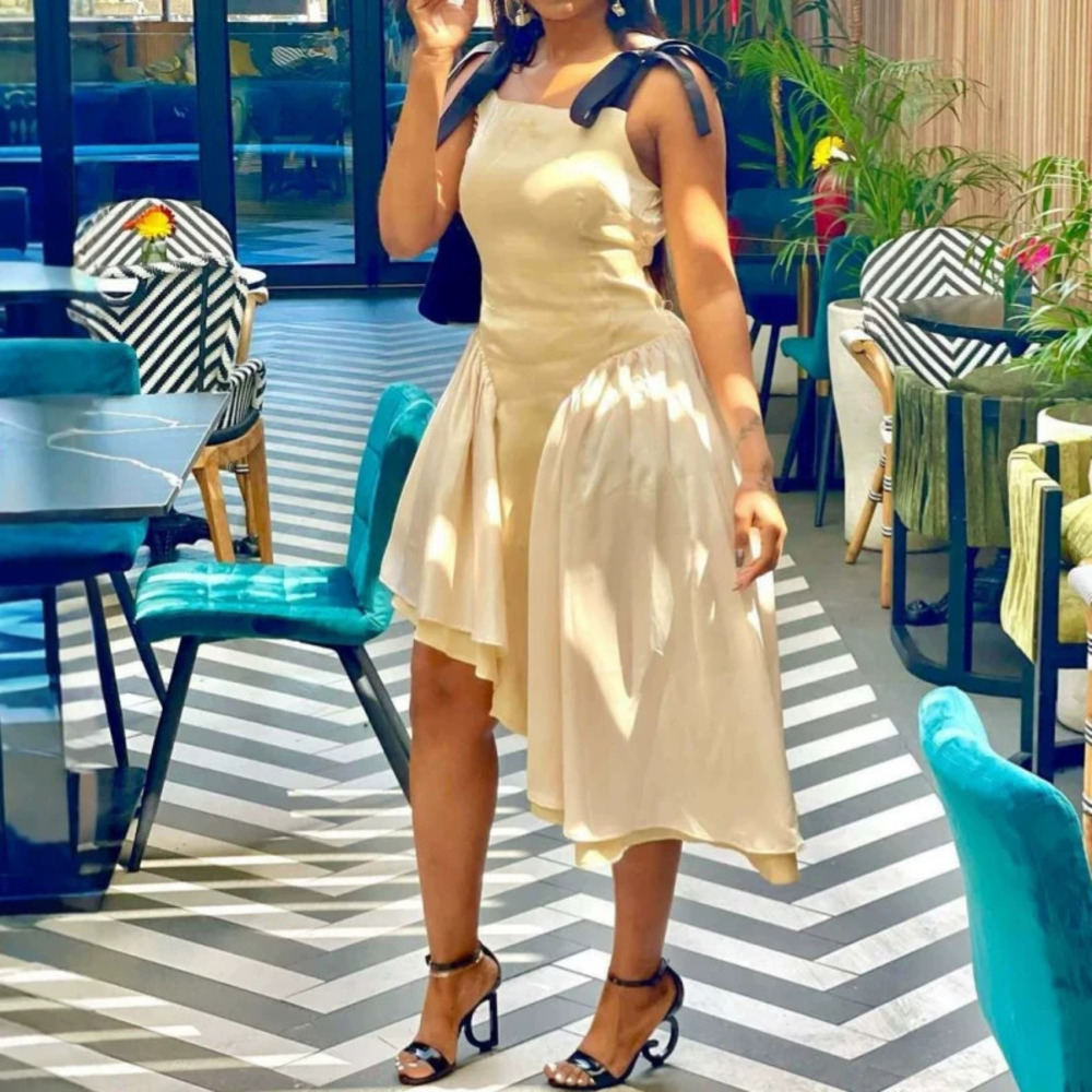Elegant African Asymmetric Maxi Dress with Bow Tie Belt Slim Fit